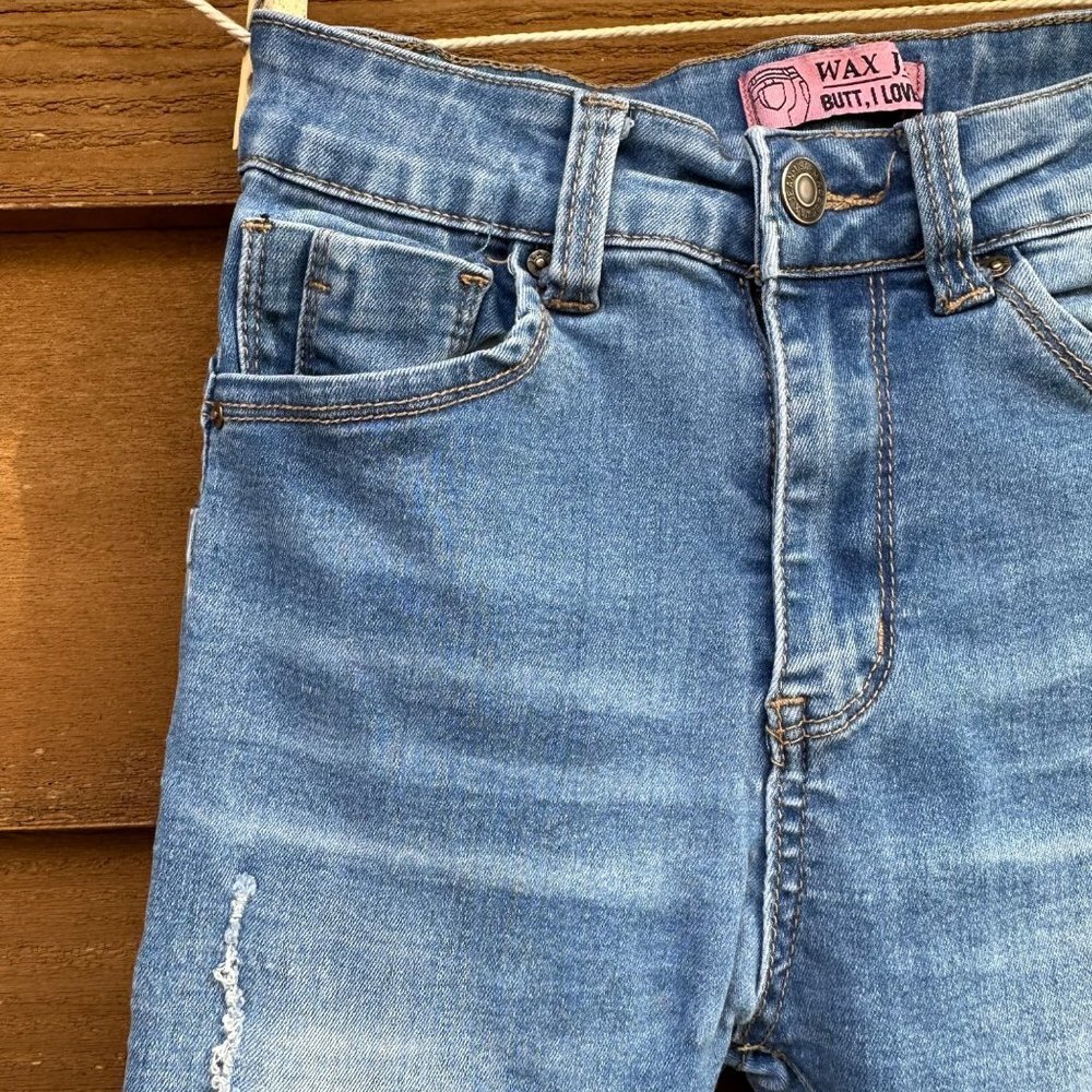 Wax Jeans 'Butt I Love you' Distressed Skinny Mid-Rise Denim Medium Blue Wash - Picture 5 of 13
